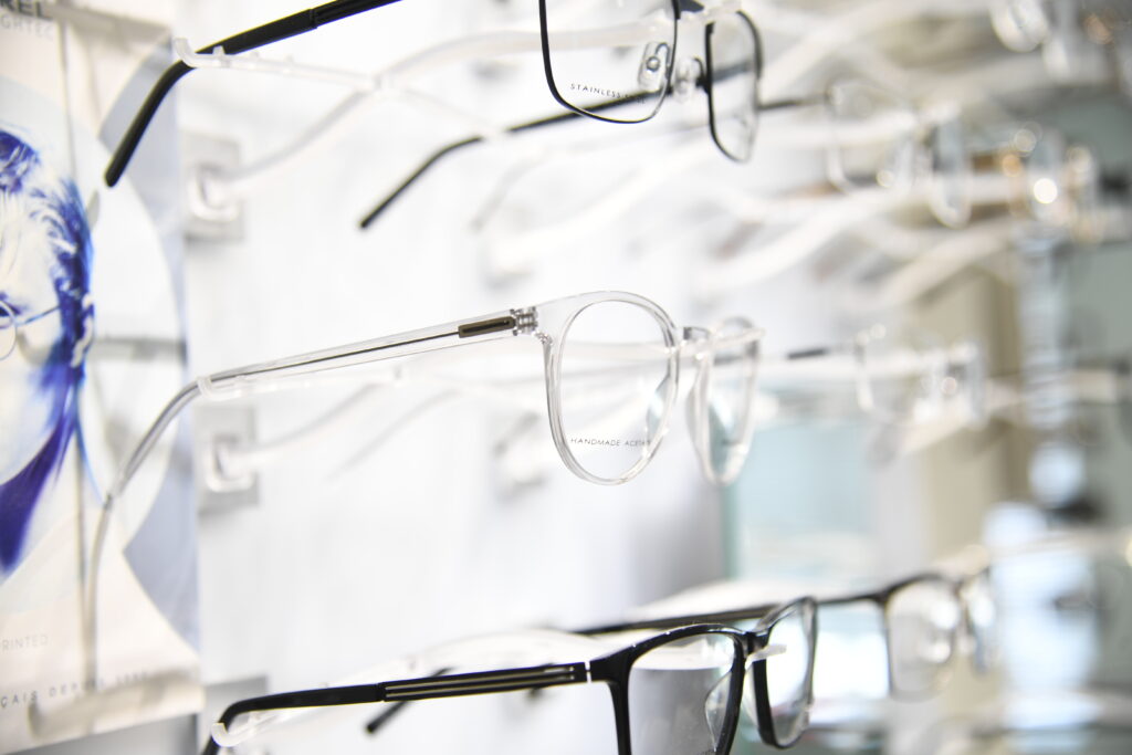 Eyeglasses in a display case
